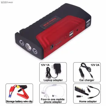 Jumper de baterias para carros con puertos usb y diversos conectores.