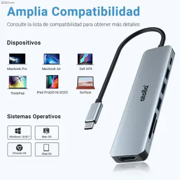 7 en 1 adaptador usb c. hdmi 4k 100w pd carga 3xusb tarjeta sd y mi