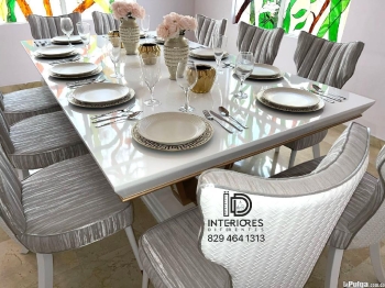 Exclusivo set de comedor 10 sillas tapizadas y mesa blanco ty dorado