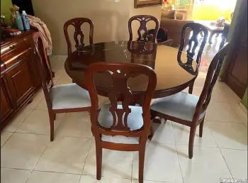 Mesa juego de comedor redondo en caoba de 6 sillas