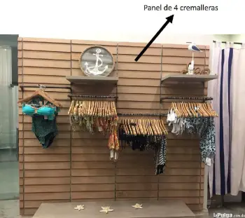 Panel exhibidor de madera y metal de 4 cremalleras