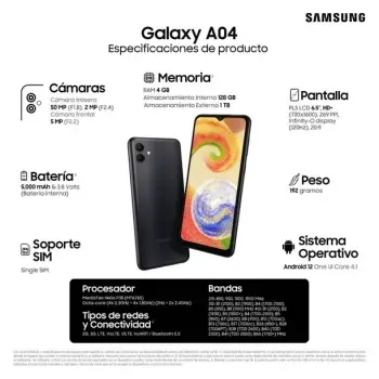 Samsung A04 de 128 GB nuevo en su caja.