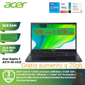 Acer i5 11th iris xe 15.6 fhd 4.2ghz x 8 20gb 128 ssd  1tb