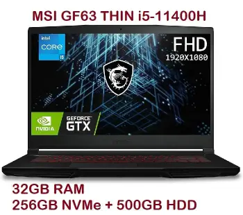 Laptop msi gaming i5 11th 4.5ghz x 8 32gb 256 nvme  500 hdd gtx 1650 1