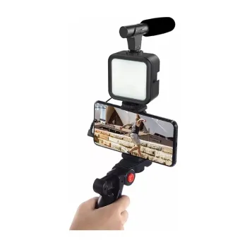 Soporte para celular con micrófono y 1 luz led kit vlog vlogger video