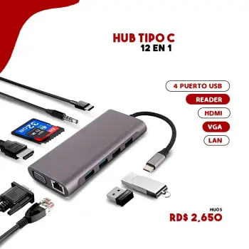 Hub tipo c  12 en 1 4-puerto usb   reader  hdmi  vga  lan