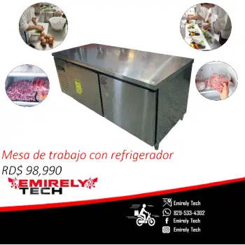 Mesa de trabajo para cocina con refrigerador de acero inoxidable
