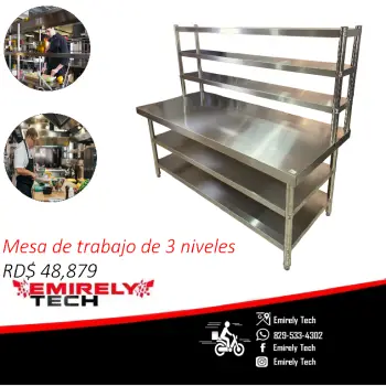 Mesa de trabajo de 3 niveles acero inoxidable para cocina comercial