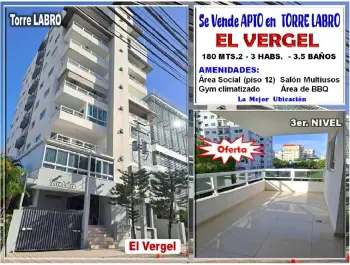 Vendo apto en el vergel torre labro 3 habs. 180 mts.2 3er. nivel con s