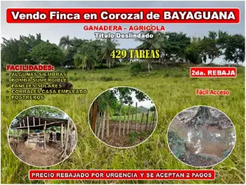 Vendo finca 429 tareas en bayaguana 2da. rebaja cerca de la casa club