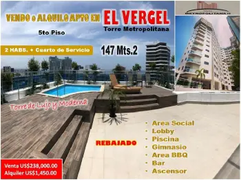 Vendo  o alquilo apto en torre moderna  del  vergel  2 habs 147 mts.2
