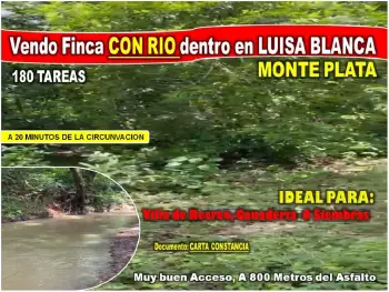 Vendo finca 180 tareas con rio dentro en luisa blanca monte plata a 20