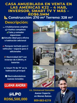 Casa amueblada en venta en las américas k22 – 4 hab inversor smart tv