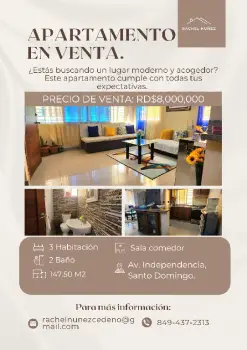 Apartamento de 3 habitaciones en venta cerca de la av. independencia.