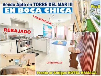 Apto rebajado en boca chica.  1 hab. 61 mts.2 piso 8 torre boca del ma