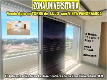 Vendo apto en torre de lujo con vista al mar en zona universitaria 3 h