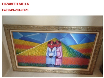 Cuadros de paisaje artístico con figuras femeninas y frutas. 2 cuadros
