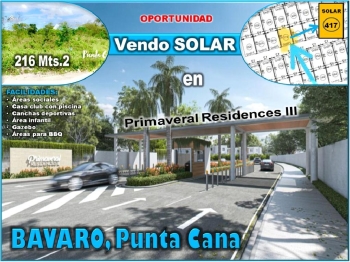 Vendo solar de 216 mts.2 en bavaro punta cana dentro de  primaveral re