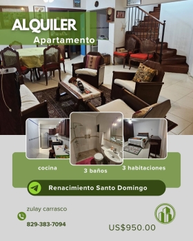 Alquiler de apartamento amueblado en renacimiento santo domingo