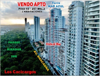Vendo apto en torre mar azul frente parque mirador sur piso 15 257 mts