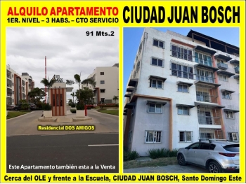 Alquilo apto 1er. nivel en ciudad juan bosch 3 habs. 91 mts.2 res. dos