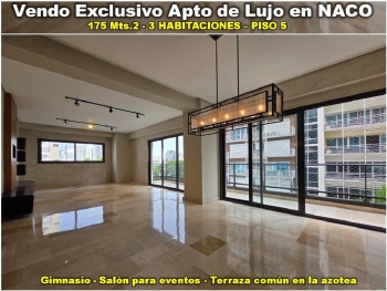 Vendo exclusivo apto de lujo en naco 3 habs. 175 mts.2 piso 5
