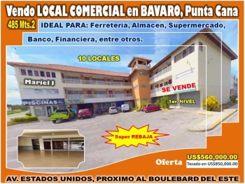 Vendo local comercial de 485 mts.2 en av. estados unidos bavaro por de