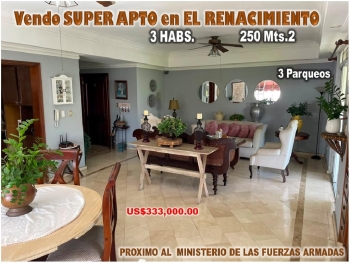 Super apto en el renacimiento 250 mts.2 3 habs. 3 parqueos ascensor