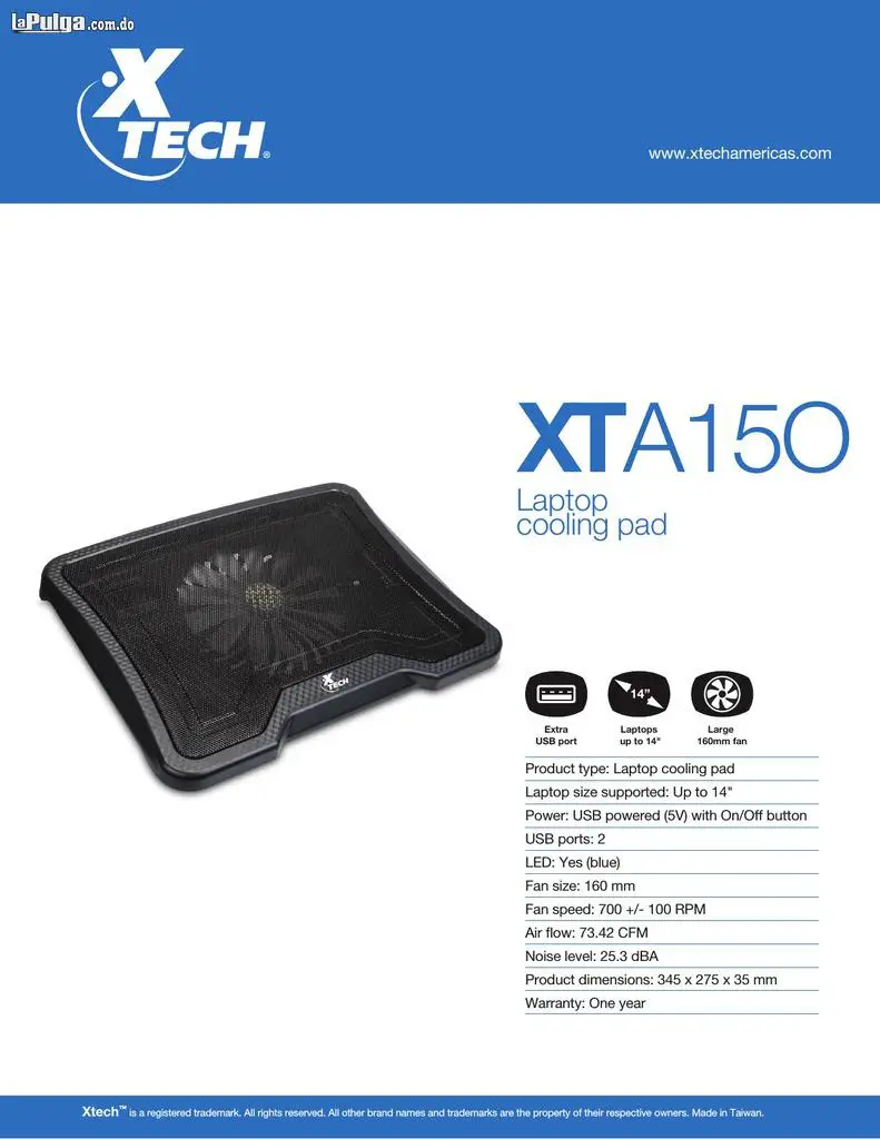 Cooling Pad Xtech Para Notebook 14 Pulgadas Con 1 Ventilador. Xta-150