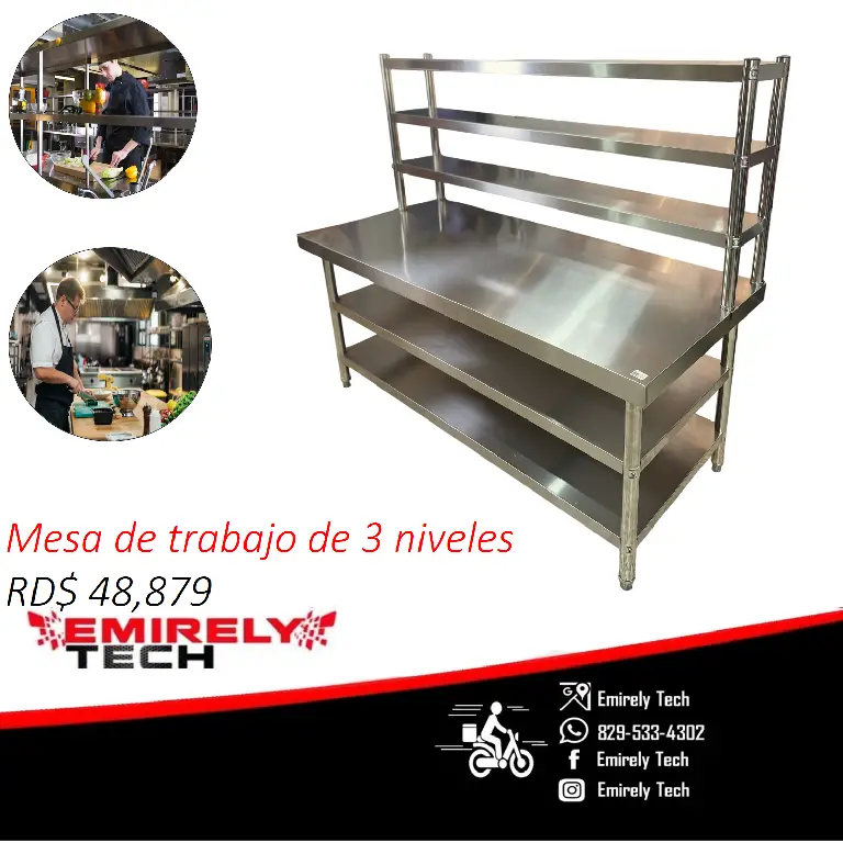 Mesa de trabajo de 3 niveles acero inoxidable para cocina comercial Foto 7270841-1.jpg